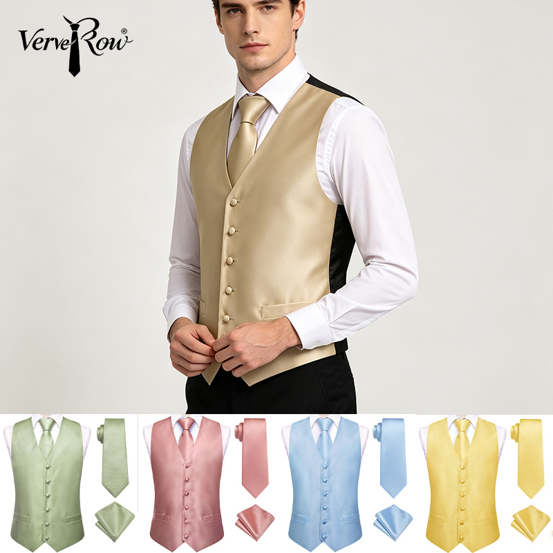 Pocket Square Set - VerveRow Men Solid Satin V‑Neck Vest